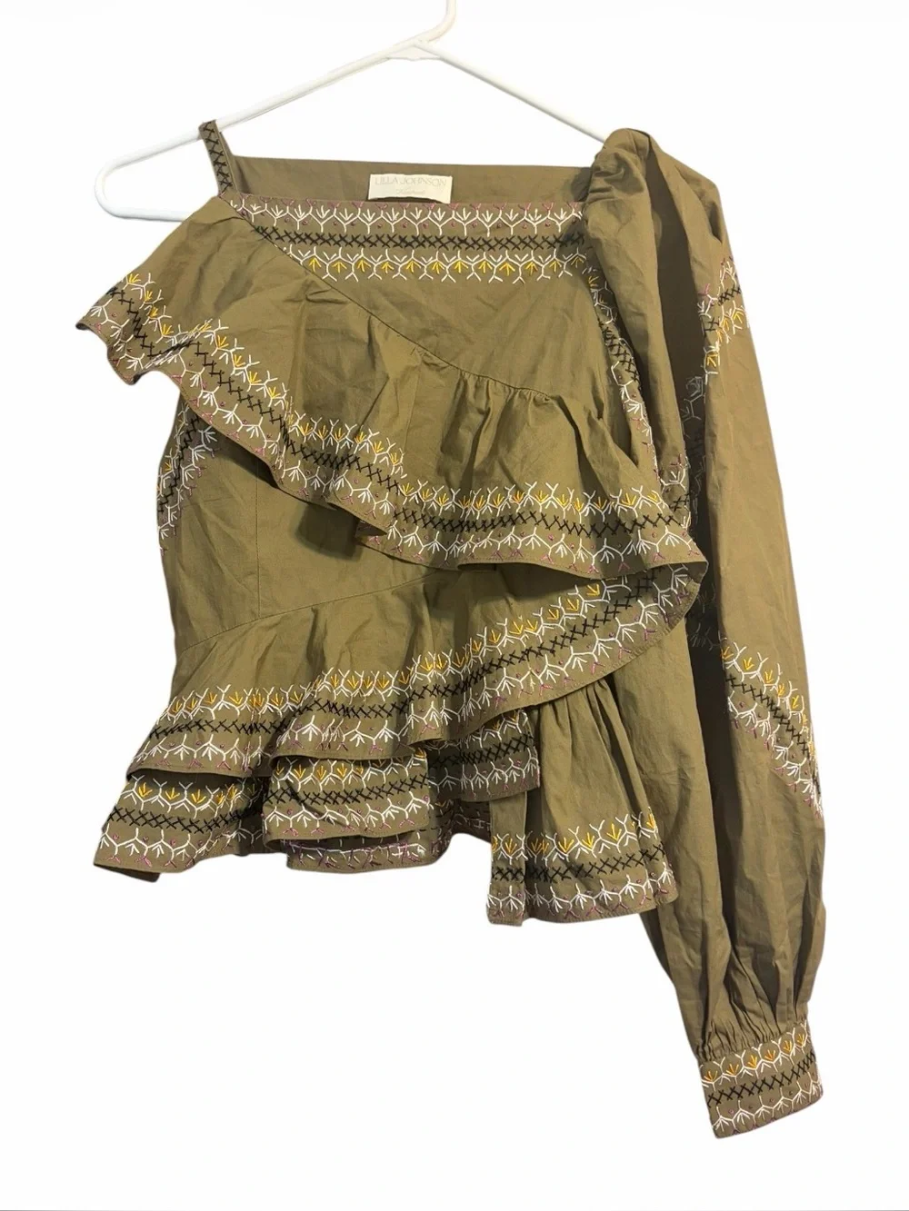 Ulla Johnson Arjun Olive Embroidered One Shoulder Ruffle Cotton Top